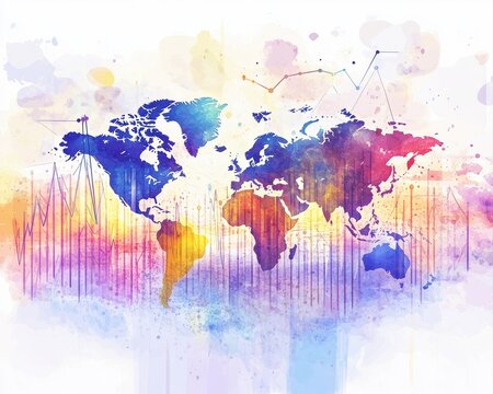 Watercolor financial success concept featuring elegant business charts abstract world continents dynamic trend lines vivid investment colors and soft artistic splashes.