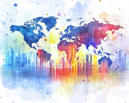 Watercolor financial success concept featuring elegant business charts abstract world continents dynamic trend lines vivid investment colors and soft artistic splashes.