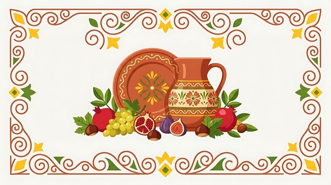 Traditional pottery and harvest fruits in a decorative frame