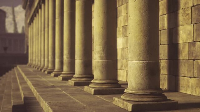 Tight Antioch column rhythm and steps drawing eye to vanishing perspective, repeating fluted shafts and worn bases create strong graphic lines and tactile