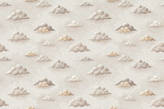 Seamless pattern of fluffy white clouds with soft shadows on a light beige textured background, repeating sky for wallpaper
