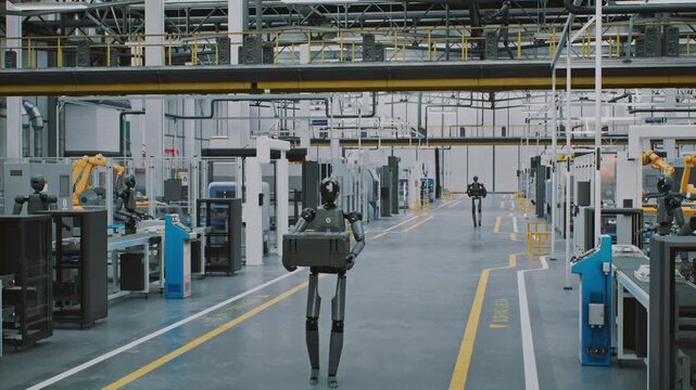 Advanced robotics and automation system operating inside a modern industrial manufacturing facility with human supervision