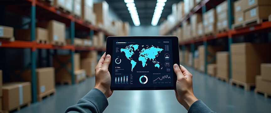 Man holding tablet displaying global map and financial data analytics in warehouse with shelves full of boxes.