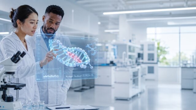 Two scientists in a modern lab analyze a digital hologram of a DNA double helix, discussing genetic data with microscopes and lab equipment around them.