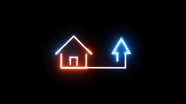 Neon light house icon with upward pointing arrow dynamic glowing animation on black ground.