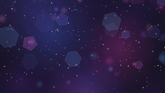 Abstract purple background with glowing hexagon bokeh and small floating particles of light