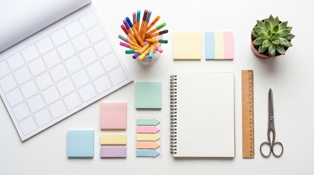 Planning essentials, arranged calendar, colorful pens, and sticky notes on a bright surface
