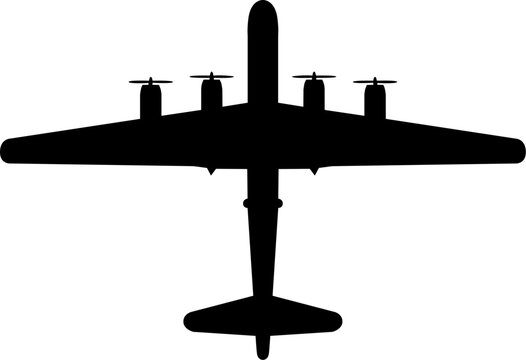 Boeing B-29 Superfortress WWII Long-Range Strategic Bomber Plan View Vector Silhouette Black Isolated White