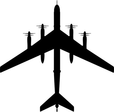 Tupolev Tu-95 Bear Contra-Rotating Turboprop Strategic Bomber Plan View Vector Silhouette Black Isolated White