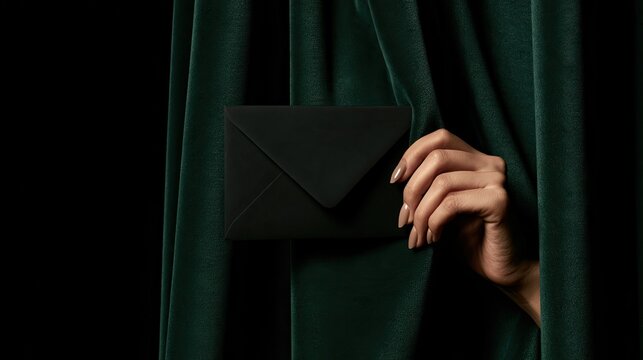Elegant hand emerges from dark velvet, presenting a striking black envelope
