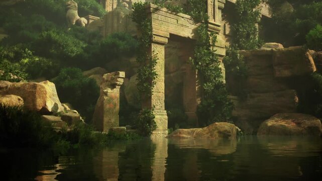 Ivy clad gateway at water edge, vertical stone lintel mirrored in still surface, heavy vegetation draping pillars, secluded vibe ideal for travel, nature