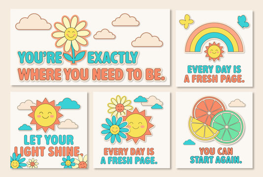 Retro aesthetic motivational quote cards collection with colorful citrus fruit slices