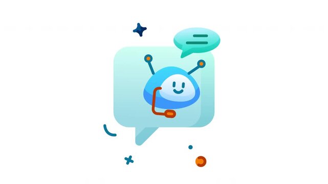 Cartoon robot character inside speech bubble with communication icons and network elements isolated on transparent background