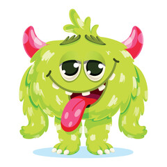 Fototapeta premium Cute fluffy lime-colored monster Character, Funny Cartoon Mascot