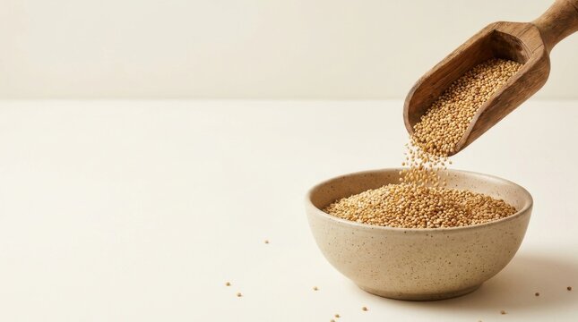 Quinoa grains pouring from a wooden scoop into a ceramic bowl