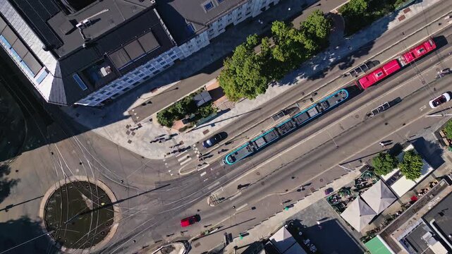 Aerial view of the tram and traffic at Solli plass in Oslo, Oslo, Norway.