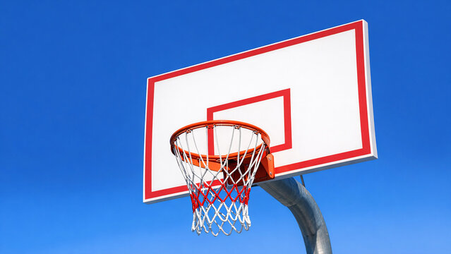 Outdoor basketball hoop under clear blue sky.