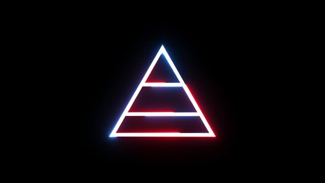 Neon glowing pyramid layered geometric shape pulsing light animation on black background.