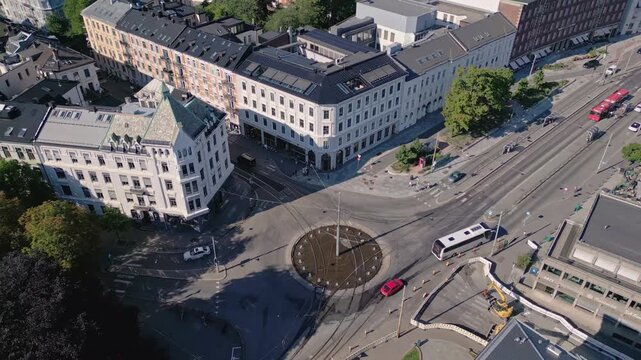 Aerial view of Solli plass roundabout surrounded by historic urban architecture and city streets in Oslo, Oslo, Norway.