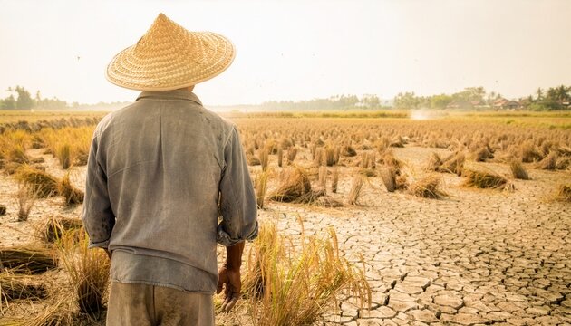Back view of an Asian farmer looking at a severely dry, cracked rice field. Warm, dusty tones highlight the harsh drought and climate crisis, ideal for agricultural or environmental concepts.