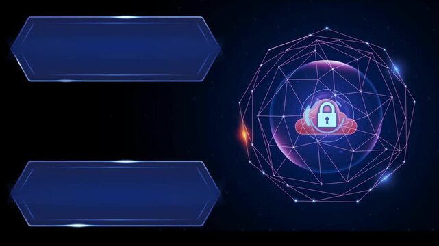 Futuristic blue cloud security HUD Interface with encrypted data protection and digital technology background.