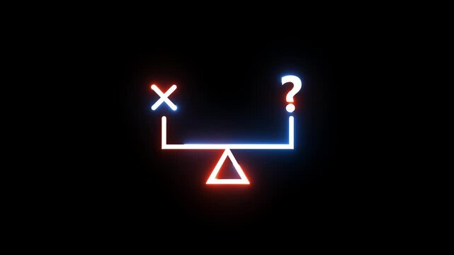 Neon balance scale graphic showing uncertainty between choice x and unknown question mark.