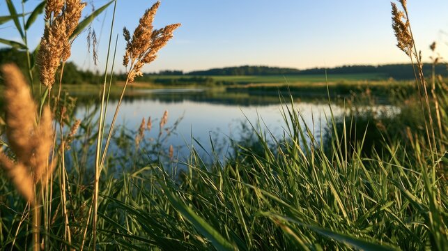 Golden hour sunlight illuminates tranquil reeds and a serene lake