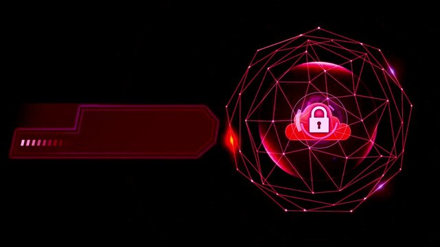 Futuristic red cloud security HUD Interface with encrypted data protection and digital technology background.