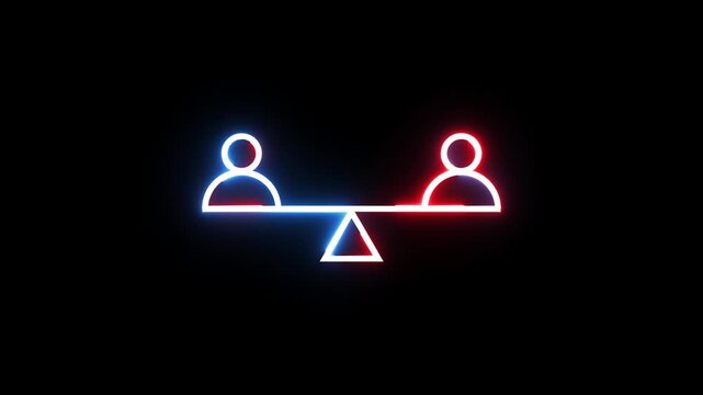 Neon glowing seesaw icon representing balance between two people in abstract social motion.