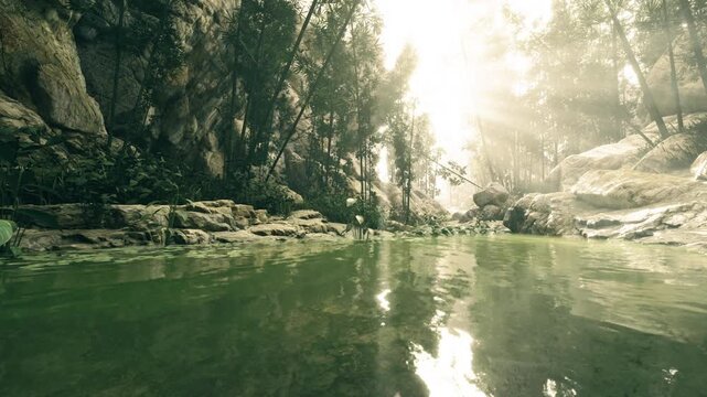 River reflection with sparkling highlights and rocky shore sunlight dances on glassy water, ripples and mossy stones define tranquil canyon scene