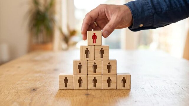 Hand placing a red wooden block on a pyramid of human resource cubes