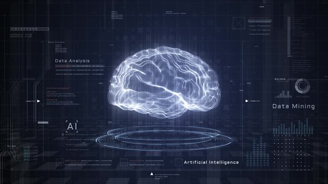 Futuristic digital interface showcasing artificial intelligence neural network with data analysis and mining visuals