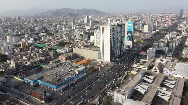 Aerial view of Avenida Javier Prado Este with heavy traffic and modern high-rise buildings in San Isidro, Lima Province, Peru.