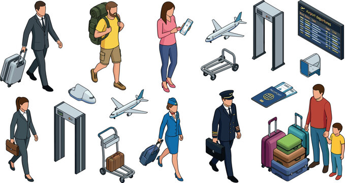 Isometric Airport Vector Icon Set Featuring Passengers Travelers Crew Luggage Airplanes and Security Gates for Travel and Aviation Media Designs