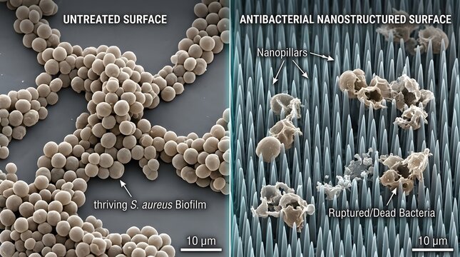 Staphylococcus aureus bacteria on untreated surface vs antibacterial nanostructured surface