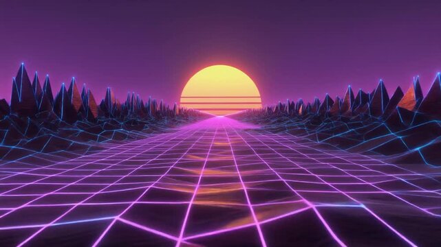 Synthwave sunset over neon grid with nostalgic glow surface level view