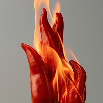 Vivid red chili peppers engulfed in bright orange and yellow flames on a gray background