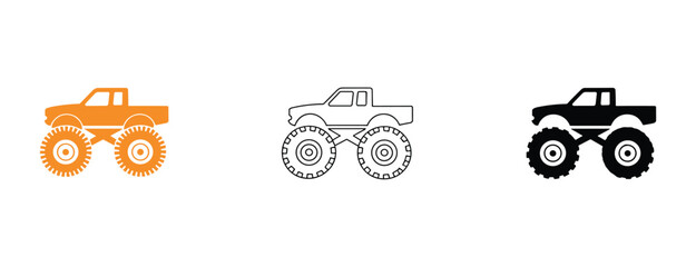 Monster Truck Icons: A collection of three distinct monster truck graphics. vehicle illustration, off-road design, automotive art, graphic element, tire symbol. © Vector By Priojith