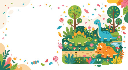 A whimsical illustration of cute cartoon dinosaurs in a lush, candy-filled landscape, featuring a large white space for custom text or design. © Regina