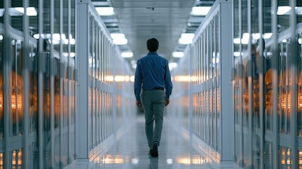 Fototapeta premium A solitary figure walks down a brightly lit aisle of server racks in a data center