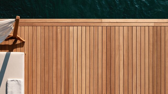 Above view of a wooden deck beside calm blue water with lounge chair