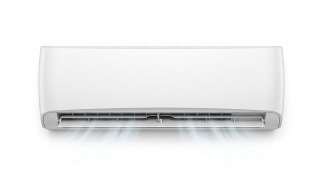 Modern white air conditioner unit with cool air flow, wall mounted split system AC, household climate control appliance on white background