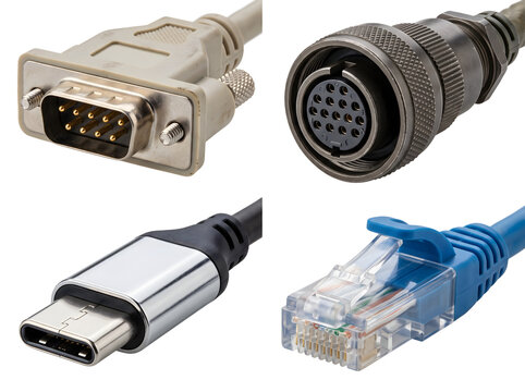 Set of electrical connectors and computer cable plugs isolated on transparent background includes serial d-sub rj45 ethernet network cord and usb type-c port interface.