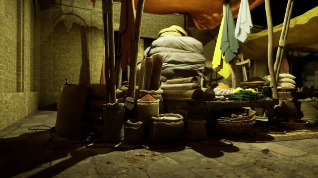 Empty supply depot lined with stacked sacks, aged rugs and scattered jars, abandoned atmosphere with deep shadows and warm highlights suggesting past commerce