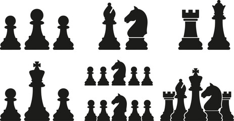 Chess silhouette collection, strategic board game vector icons, featuring king queen rook bishop knight pawn pieces © Vexora Studio