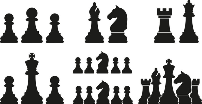Chess silhouette collection, strategic board game vector icons, featuring king queen rook bishop knight pawn pieces