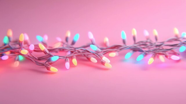 Colorful string light on pink background with glowing festive holiday decoration