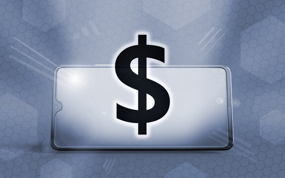 Representaci&oacute;n digital de un tel&eacute;fono inteligente 3D centrado con un s&iacute;mbolo de d&oacute;lar brillante, simbolizando econom&iacute;a digital, banca m&oacute;vil, finanzas tecnol&oacute;gicas y comercio electr&oacute;nico.
