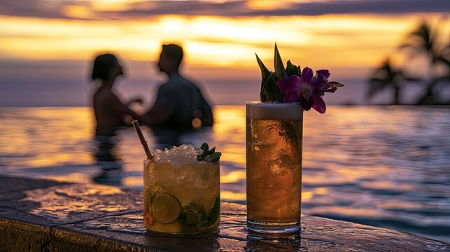 Romantic couple in pool at sunset with drinks