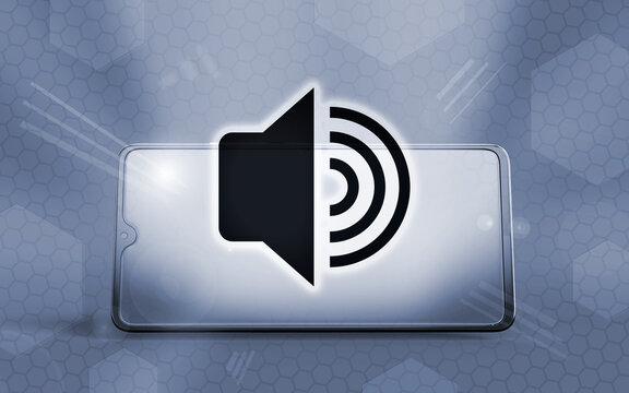 Representaci&oacute;n 3D de un tel&eacute;fono inteligente moderno mostrando un icono de altavoz, simbolizando tecnolog&iacute;a de comunicaci&oacute;n, dispositivos m&oacute;viles, audio digital y conectividad inal&aacute;mbrica global.
